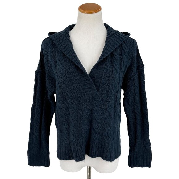 American Eagle Sweaters - Vtg Y2K American Eagle Blue V-Neck Hooded Cable Knit Sweater | Coastal Grunge XS